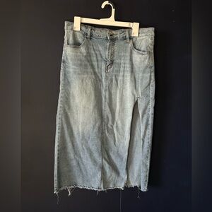 Denim Midi Skirt with Frayed Hem